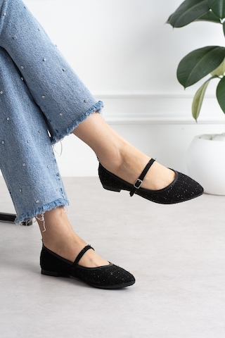 Shoetek Lofi Kadın Babet Önden Bantlı Tokalı Keten Dokumalı Siyah