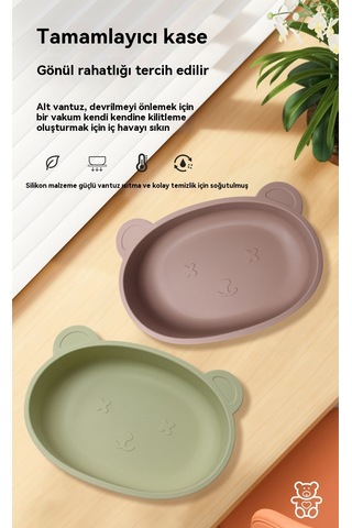 Jianfan Ayıcık Desenli Vakumlu Silikon Mama Kabı Bebek Beslenme Kasesi Yeşil Yeşil
