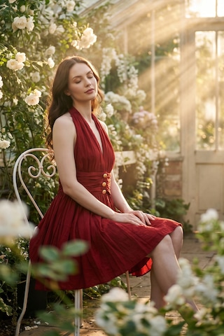 Fashion Cocktail Marilyn Monroe Boyundan Bağlamalı Halter Yaka Sırt Dekolteli Sırt Açık Beli Lastikli Çan Etek Dalgalı Kloş Etek Yazlık Tatil Elbise Kırmızı