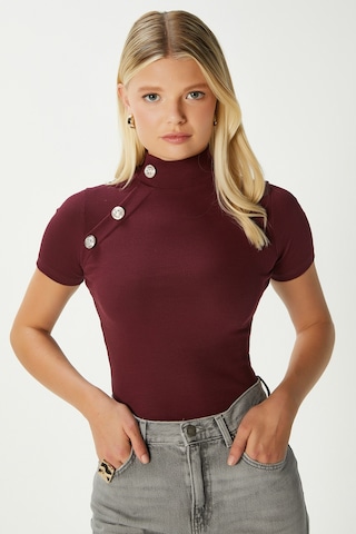 Ritnice Kadın Shine Gold Düğmeli Yarım Boğazlı Kısa Kol Bordo Fitilli Pamuk Bluz Bordo
