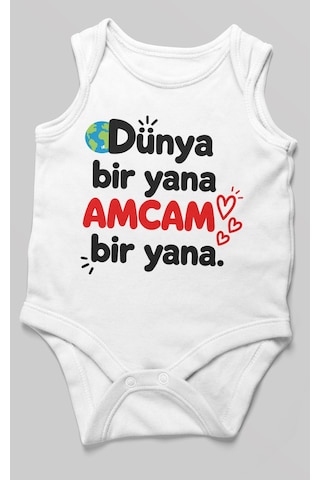 Morivokids Dünya Bir Yana, Amcam Bir Yana Sıfır Kollu Bebek Zıbını %100 Pamuk Beyaz
