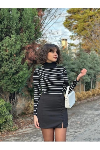Saklımoda Kadın Çizgili Kaşkorse Kumaş Tam Balıkçı Bluz Siyah