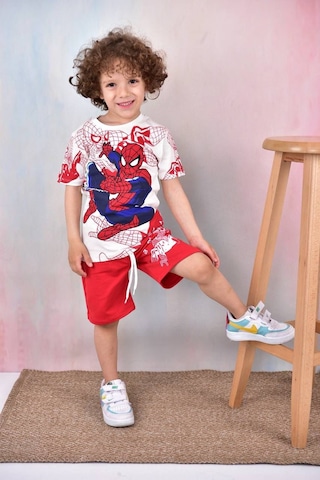Sml Tekstil Spiderman Temalı Bej Çocuk Tişört Ve Şort Takımı Kırmızı