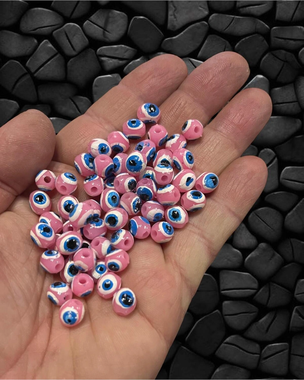 8mm Pembe Akrilik Danagöz Nazar Boncuk - Takı Boncuğu - Saç Boncuğu - 50 Adet / Ince Delikli