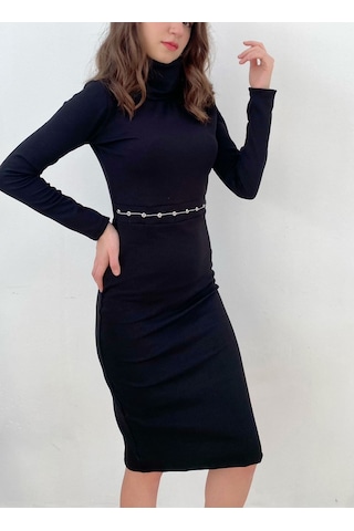 Mois Atelier Siyah Örme Kuşgözü Detaylı Boğazlı Dar Elbise Büyük Beden