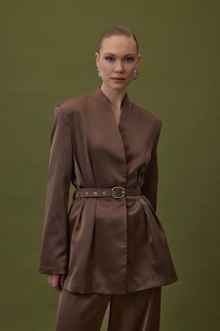 Lisa Kemerli Saten Ceket - Kahve-136928 Kahve
