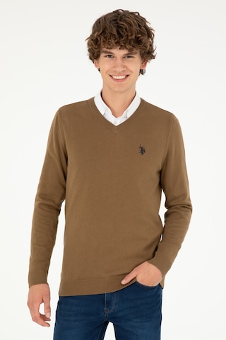 U.S. Polo Assn. Erkek Slim Fit V Yaka Haki Melanj Basic Kazak 50293512-VR125
