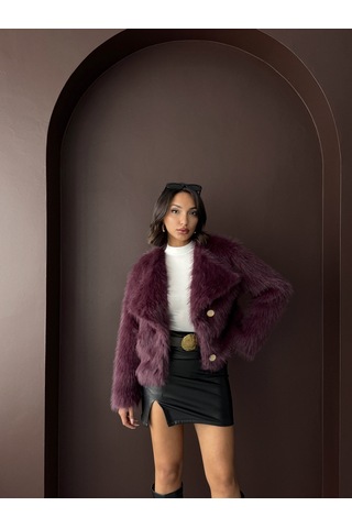 Verymoda Tavşan Tüyü Dügmeli Kaban F1970 Mürdüm