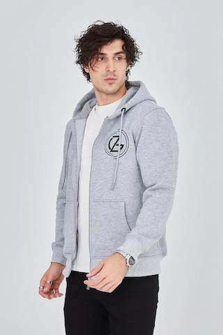 Erkek 3 İplik Pamuklu Fermuarlı Kapüşonlu Kanguru Cepli Baskılı Hoodie Hırka Sweatshirt - Gri