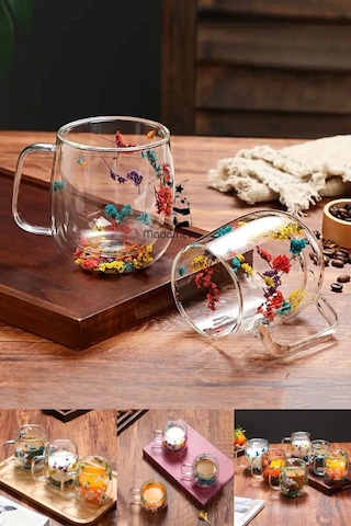 6'lı Çift Çidarlı Flower Cup Çiçekli El Yapımı Borosilikat Bardak 350 Ml Kulplu Kahve Sunum Bardağı Çiçekli