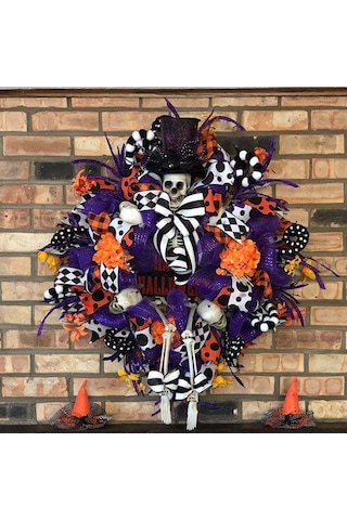 Hfambition Korkunç Halloween Gövde Simgeliği Yuvarlak Çiçek Ağı, Ev Kapısı Dekorasyonu, Korku Atmosferi Oluşturucu Unsur, Kalanpapağan Desenli, Ev Dekoru Aracı Çok Renkli