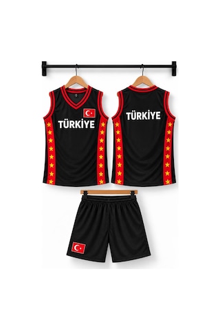 Sonvadi Çocuk Basketbol Forması Türkiye Armalı Siyah-kırmızı 3 Parça Çorap Siyah