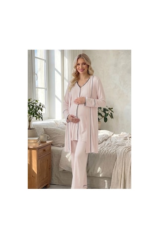 Hafsara Viscoz Yumuşak Dokulu Önden Düğmeli Sabahlıklı Lohusa Pijama Takımı Pembe