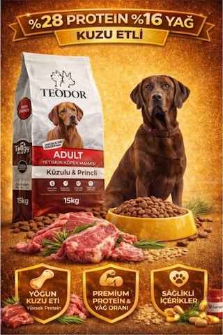 Teodor Kuzu Etli Yetişkin Köpek Maması 15kg %28 Protein %16 Yağ