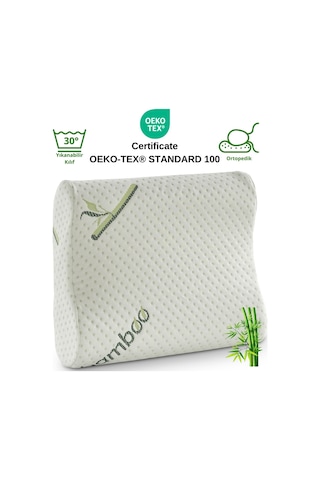 Bambu Kılıflı Medikal, Boyun Destekli Çift Taraflı Ortopedik Visco Visko Yastık 51x41x13-11cm 1350gr Beyaz - Yeşil