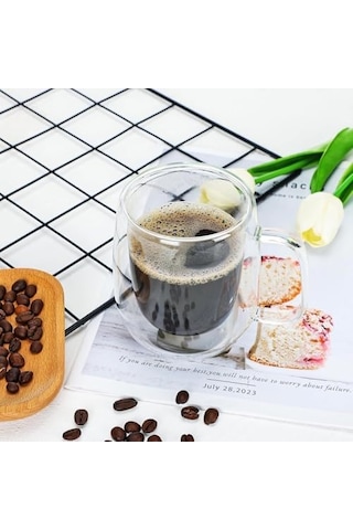 2 Adet Çift Cidarlı İki Katmanlı Borosilikat Cam Bardak, Yalıtımlı Cappuccino Latte Kahve Kupası, Şık Ve Dayanıklı Tasarım, Isıya Dayanıklı,termisil Kupa 300 Ml 6998