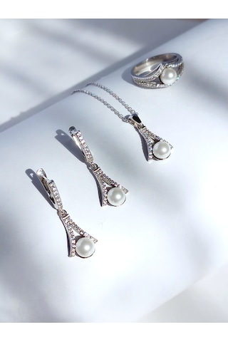 Gümüş Inci Damla V Tasarım Zarif Kadın Kolye Küpe Yüzük Gelin Set