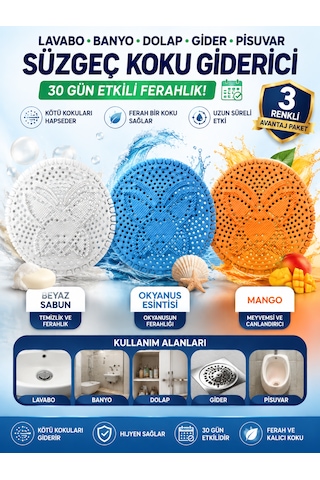Mango Beyaz Sabun Ve Okyanus Kokulu 3 Adet Lavabo Banyo Dolap Gider Pisuvar Süzgeci Çekmece Koku Giderici