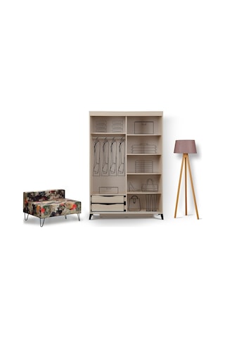 Pasifichome Huga Sürgülü Gardırop Meşe 120Cm / 2 Kapaklı Çekmeceli Dolap