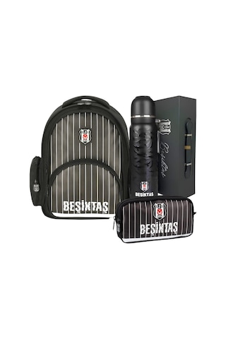 Okul Sırt Çantası ,sanslı Çift Gözlü Kalem Çantası Lisanslı Termos Matara Premium Set Siyah