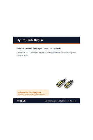 Trobus Oto Park Lambası T15 Ampul 12v 15 Led 2'li Beyaz