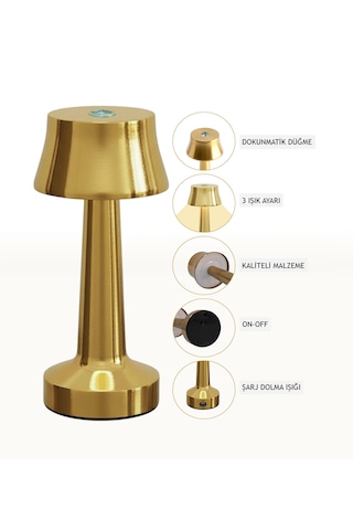 Zenlight Metal Dokunmatik Şarjlı Masa Lambası Altın