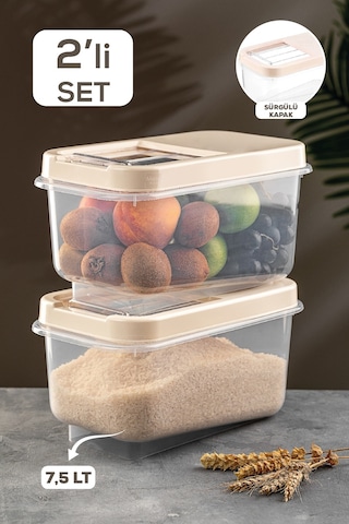 Meleni Home Multi Box Kayar Kapaklı Erzak Saklama Kabı Krem 2'Li 7.5 L Krem