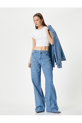 Koton Taşlı Kot Pantolon Geniş Paça Cepli Standart Bel - Bianca Wide Leg Jeans Açık İndigo 4sal40181md Açık İndigo