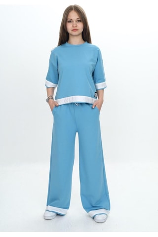 Kız Çocuk %100 Pamuk Kısa Kollu Garnili Truvakar Kol 2 İplik Alt&üst Eşofman Takımı-285-eşt-0011 Mavi