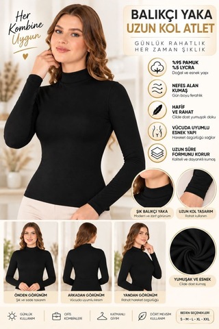 Kadın Balıkçı Yaka Uzun Kol Atlet Siyah Esnek Kumaş, Vücuda Oturan Basic Body - Ryl - 2612 S