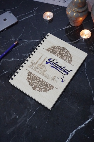 Istanbul Desen Ahşap Defter - 120 Sayfa - Günlük - Çizgisiz Defter Ahşap Rengi Banu - A5 Notebook