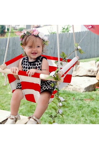 Bundera Ahşap Bebek Salıncak Çocuk Beşik Hamak Salıncağı Mavi Çizgili