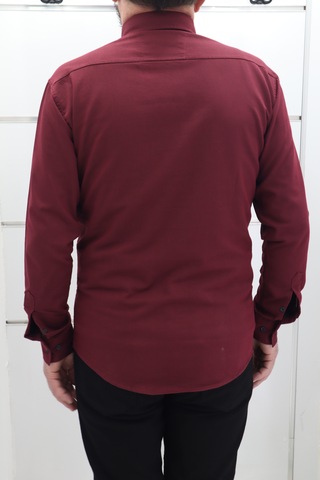 Becces Dmctekstil Erkek Bordo 007-001 Düz Spor Kesim Dar Kalıp Çift Cepli Uzun Kollu Yazlık Keten Gömlek