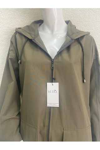 Vetre Kadın Büyük Beden Kapüşonlu Oversize Haki Trençkot 2002 Haki