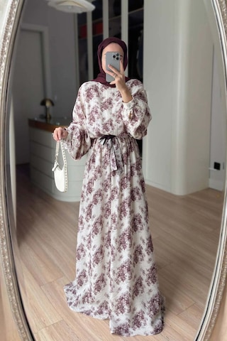 Kahijab Çiçek Desenli Yarasa Kol Astarlı Elbise - Bordo