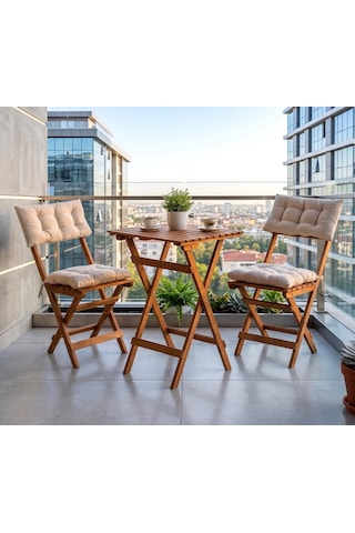Ahşap Minderli Bahçe Bistro Masa Takımı  - Naturel