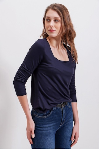WeShaya Kadın Lacivert Günlük Stil Basic Kare Yaka Uzun Kol Bluz Lacivert