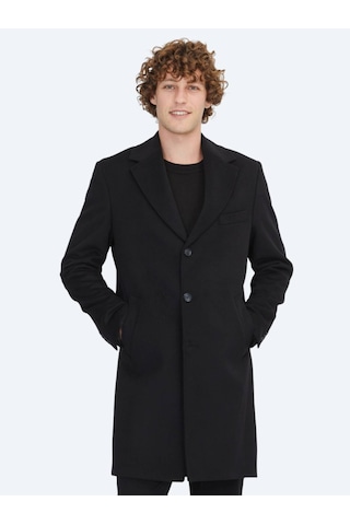 Kip Siyah Regular Fit Kruvaze Yaka Casual Dokuma Palto Siyah