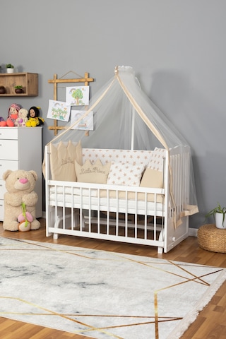 Ahşap Beşik Anne Yanı Beşik Beyaz 60x120 Krem Prens Erkek Uyku Seti Yatak Beyaz