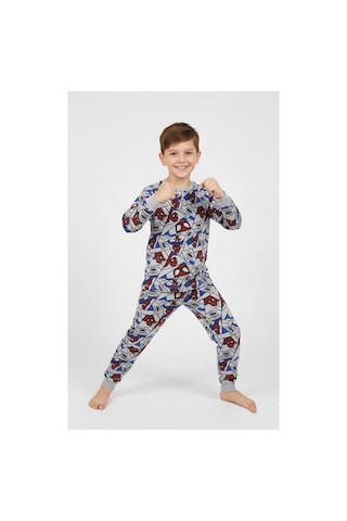 Free Beka Sevimli Karakter Desenli Bisiklet Yaka Çocuk Uzun Kollu Pamuklu Alt Üst Pijama Takımı Gri