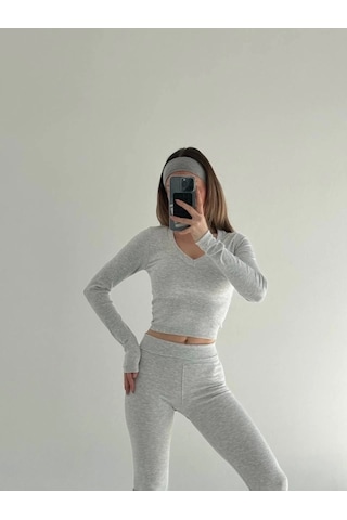V Yaka Uzun Kollu Bluz İspanyol Paçalı Tayt İkili Takım - Gri Gri