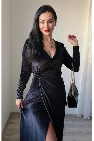 Tua Moda Kadın Uzun Kollu Kruvaze Yaka Yırtmaçlı Kadife Elbise Siyah