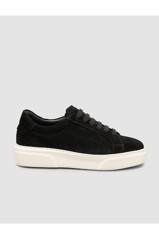 %100 Hakiki Süet Siyah Kürk Astarlı Bağcıklı Sneaker Ayakkabı Siyah