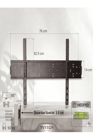 Tv Duvar Askı Aparatı I 85"-80"-75"-70"-65"-60"-55"-50"-45"-40" I Evrensel Uyum I Deprem ve Çocuk Kilitli I Mini Terazi I Kavisli/Curved I Yerli Üretim I Max Vesa 700x500