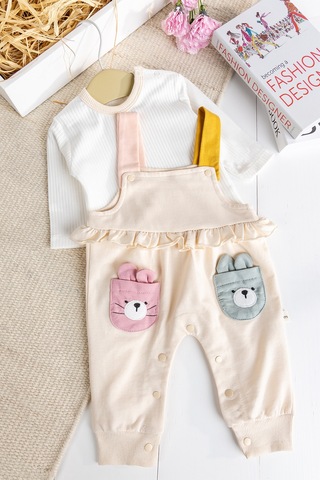 Baby Mod Tavşan Fiğürlü100% Pamuk Kız Bebek Salopet 2'li Tulum Krem