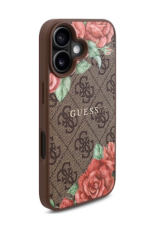 Apple Uyumlu iPhone 16 Plus Kılıf Guess Lisanslı Magsafe Şarj Özellikli Gül Baskılı Yazı Logolu Kapak Kahverengi