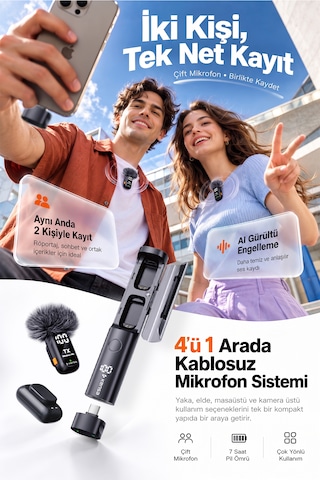 Kensa Kablosuz Yaka Mikrofonu Çift Mikrofon Type-c 4'ü 1 Arada Masa Mikrofonu Aı Gürültü Engelleme