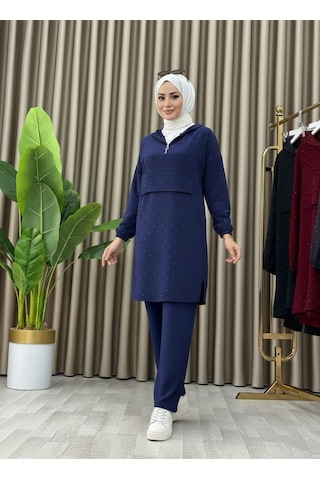 Mismoly Taş Detaylı Kapüşonlu Fermuarlı İkili Tunik Takım Lacivert