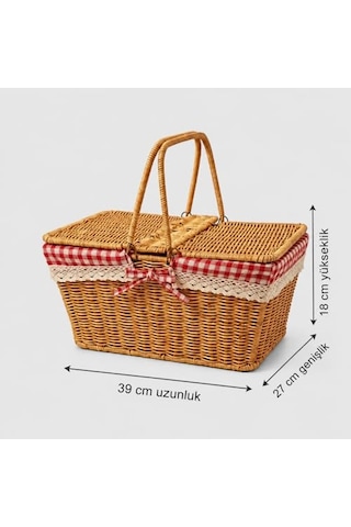 Tr Hasır Piknik Sepeti, Kırmızı Ekoseli Ve Dantelli Kapaklı Taşıma Sepeti, 39x27x18 Cm Ahşap Görünümlü Pikni Diğer