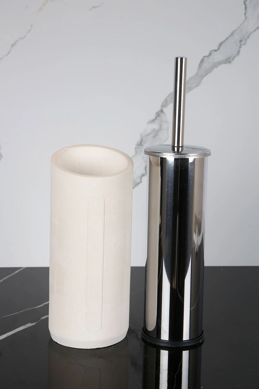 2 Parça Dekoratif Beton Tuvalet Fırçası Metal Wc Fırçalığı Bej - Beyaz